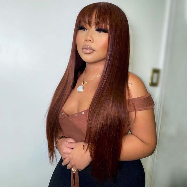 Reddish Brown Straight 13x4 Lace Front Wig With Bangs Human Hair Wigs