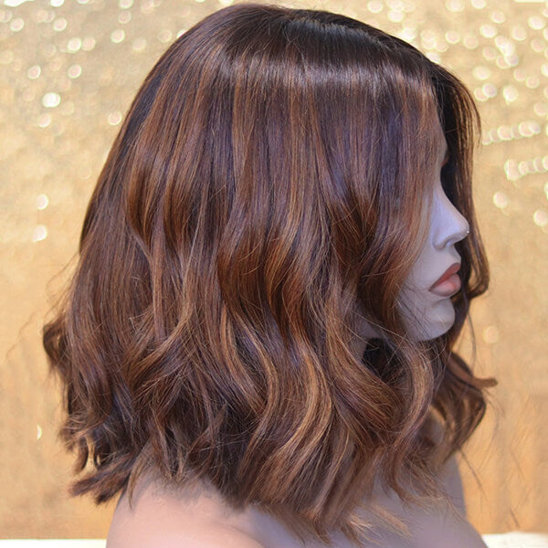Medium Length Messy Bob Chestnut Brown with Highlights Lace Wig Human Hair