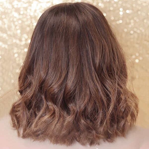 Medium Length Messy Bob Human Hair Chestnut Brown with Highlights Wig