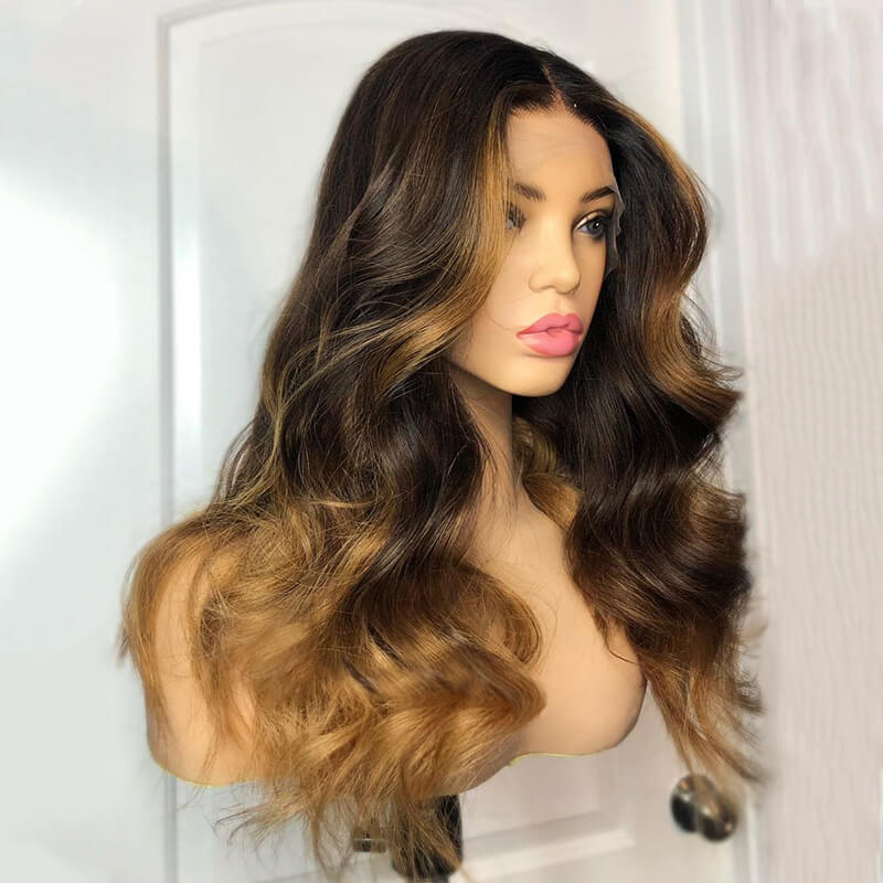 Human Hair Wavy Dark Brown with Blonde Highlights Lace Front Wig
