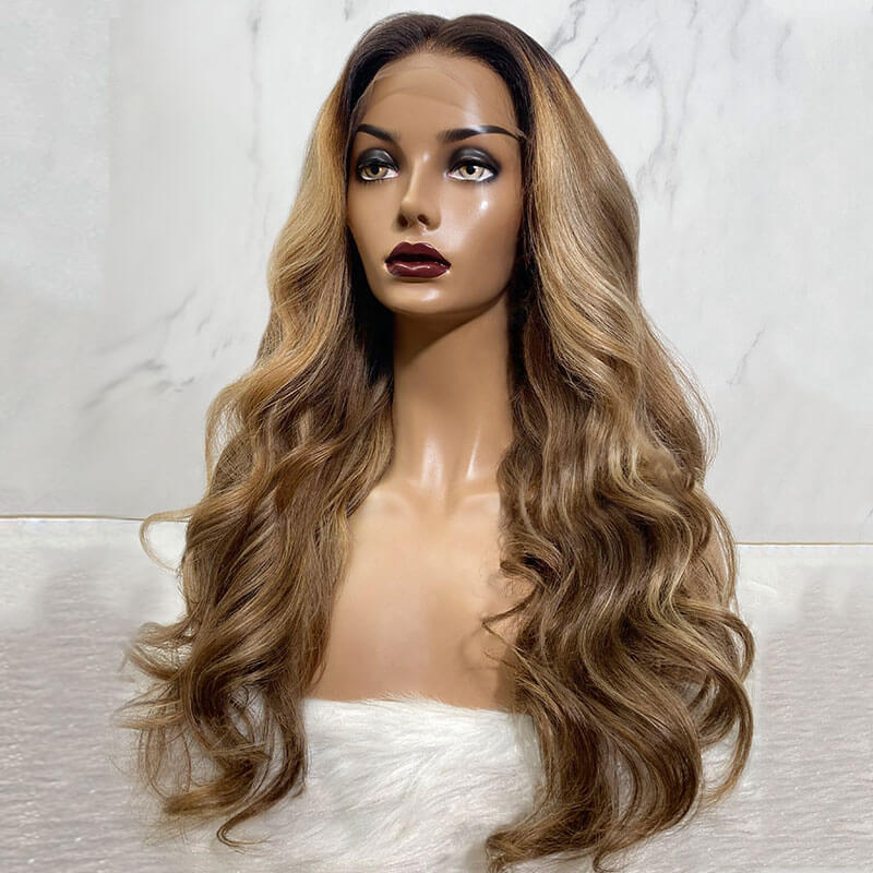 Middle Part Wavy Dirty Blonde with Highlights 13x4 Lace Front Wigs Human Hair