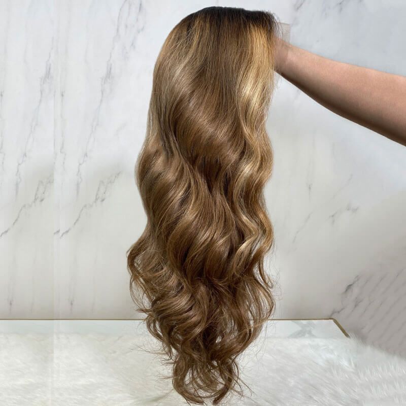 Middle Part Wavy Dirty Blonde with Highlights 13x4 Lace Front Wigs Human Hair