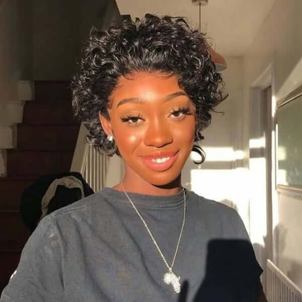Glueless Slick Back Pixie Short Cut Cute Curly Human Hair 13x4 Frontal Lace Wig