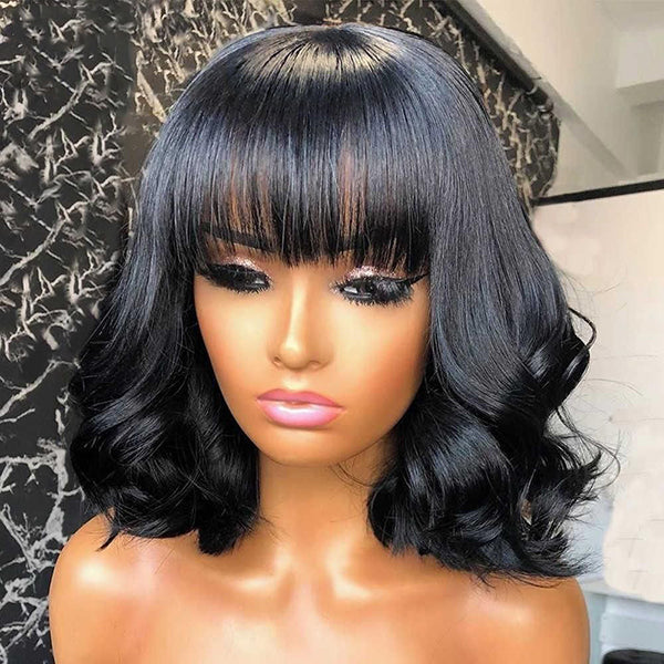 Soft Wavy Curls Human Hair On Short Bob Wig With Bangs