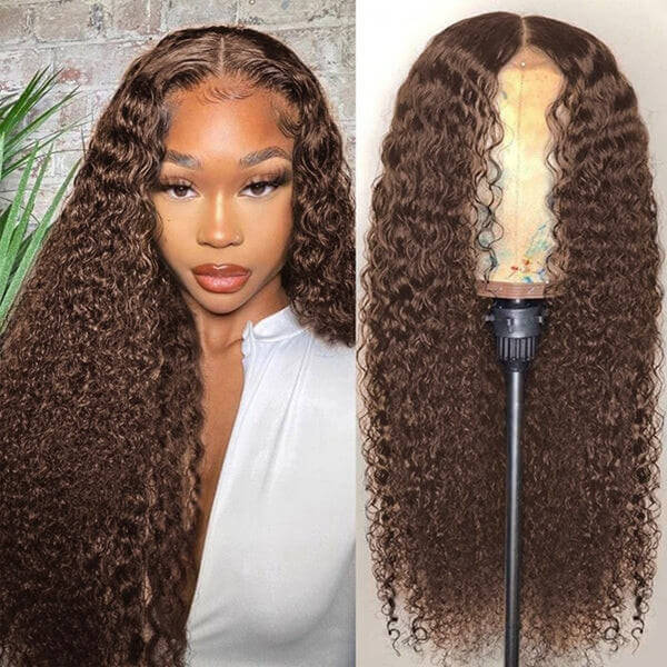 Chocolate Brown Long Curly Human Hair Glueless 13x4 Lace Front Wig