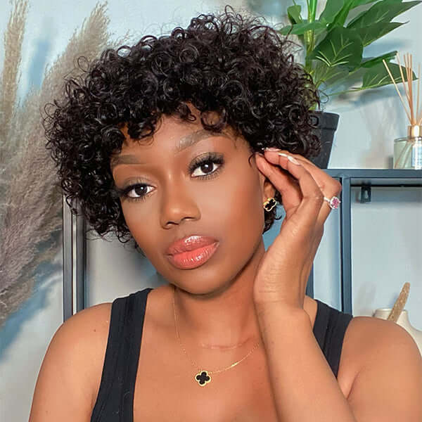 Affordable Glueless Bouncy Curly Wig with Short Bangs 100% Human Hair