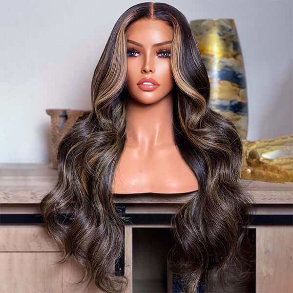 4x4 Luxurious Blonde Highlights Loose Wave Human Hair Glueless Lace Closure Wig