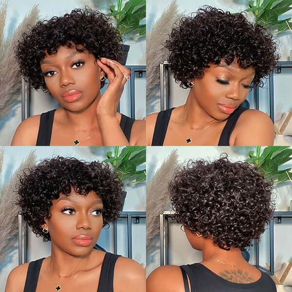 Affordable Glueless Bouncy Curly Wig with Short Bangs 100% Human Hair