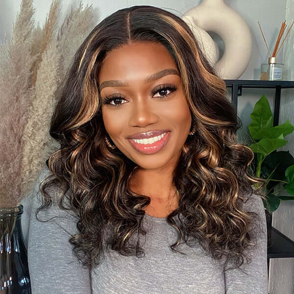 4x4 Blonde Highlights Human Hair Loose Wave Glueless Lace Closure Wig