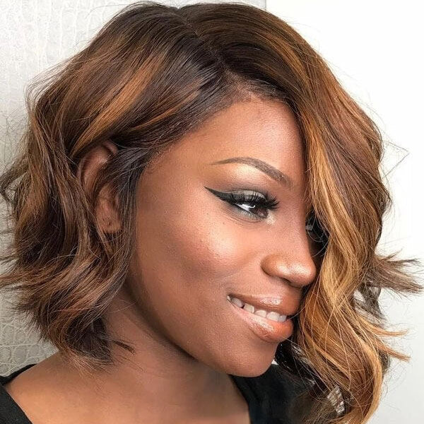 Asymmetrical Bob Brown Human Hair with Blonde Highlights Lace Wig