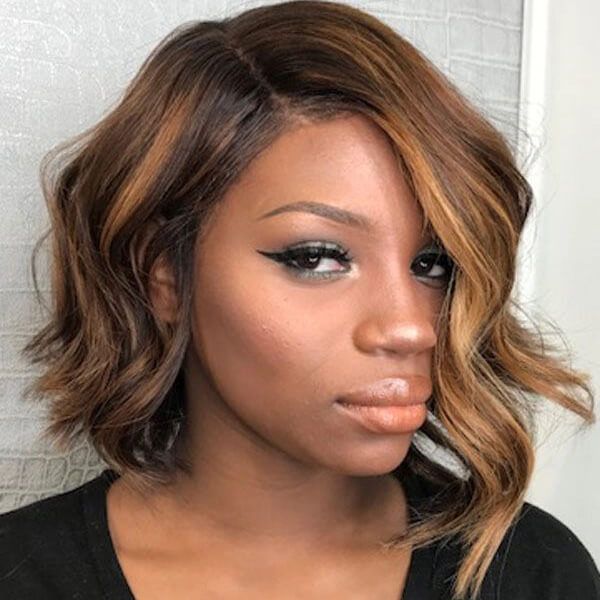 Asymmetrical Bob Brown Human Hair with Blonde Highlights Lace Wig