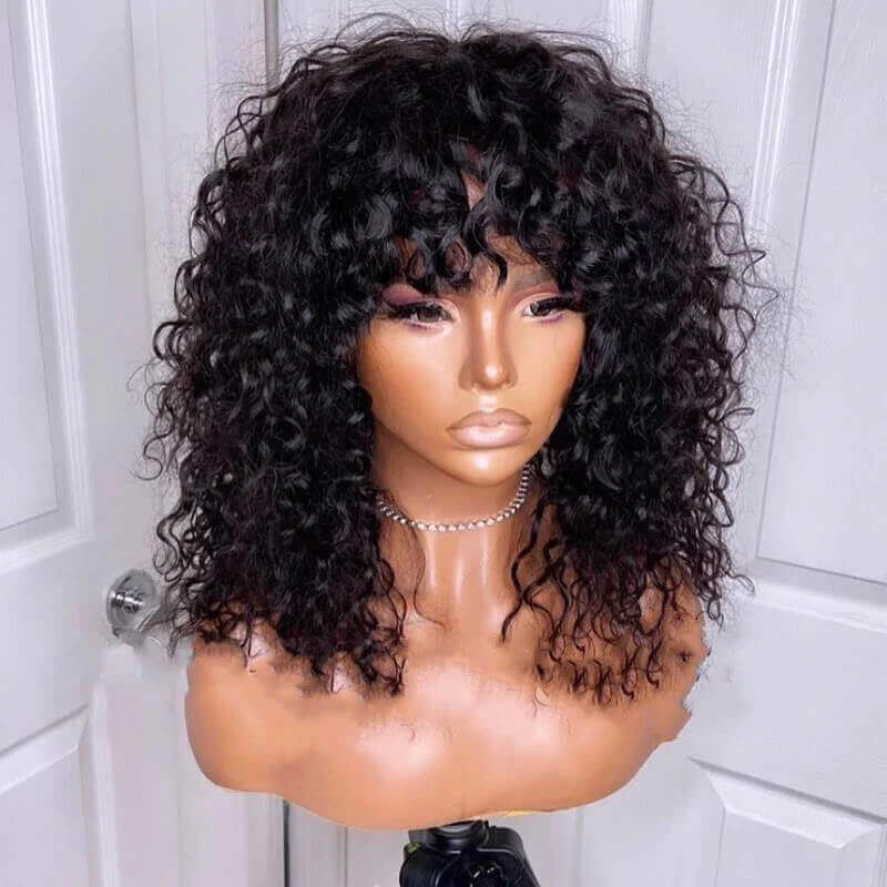Shoulder-Grazing Curly Wig with Wispy Bangs With Human Hair Wig