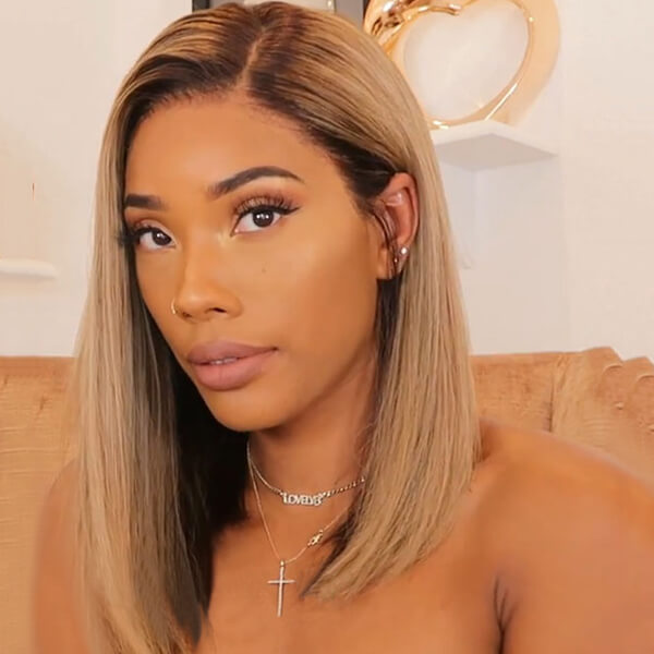 Shoulder Length Side Part Straight Ash Blonde with Dark Roots Wig Human Hair