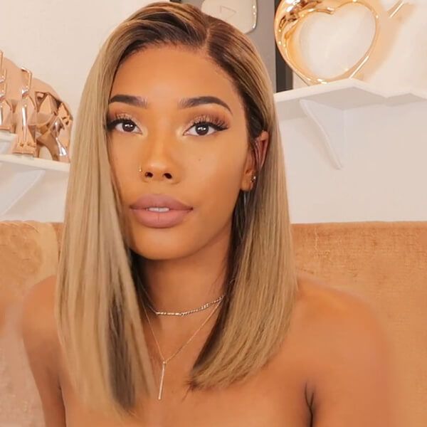 Shoulder Length Side Part Straight Ash Blonde with Dark Roots Wig Human Hair