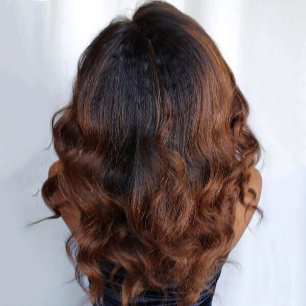Shoulder Length Wavy Caramel Brown Highlights Wigs Human Hair