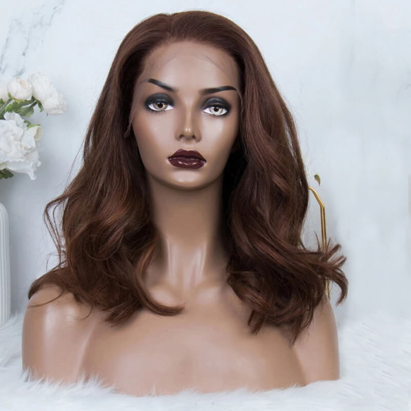 Shoulder Length Wavy Light Reddish Brown with Highlights Wig Human Hair
