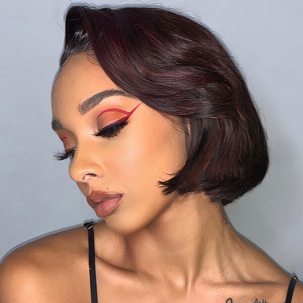 Side Part Bob Burgundy Highlights Lace Front Wig Human Hair