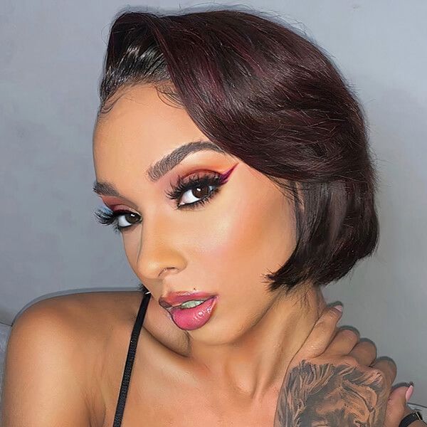 Side Part Bob Burgundy Highlights Lace Front Wig Human Hair