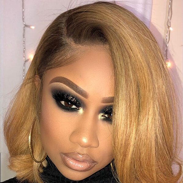 Side Part Wavy Bob Golden Blonde with Dark Roots Lace Front Wigs Human Hair