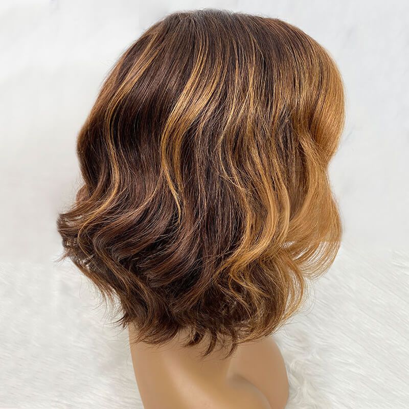 Side Part Wavy Bob Medium Brown with Blonde Highlights Wig Human Hair