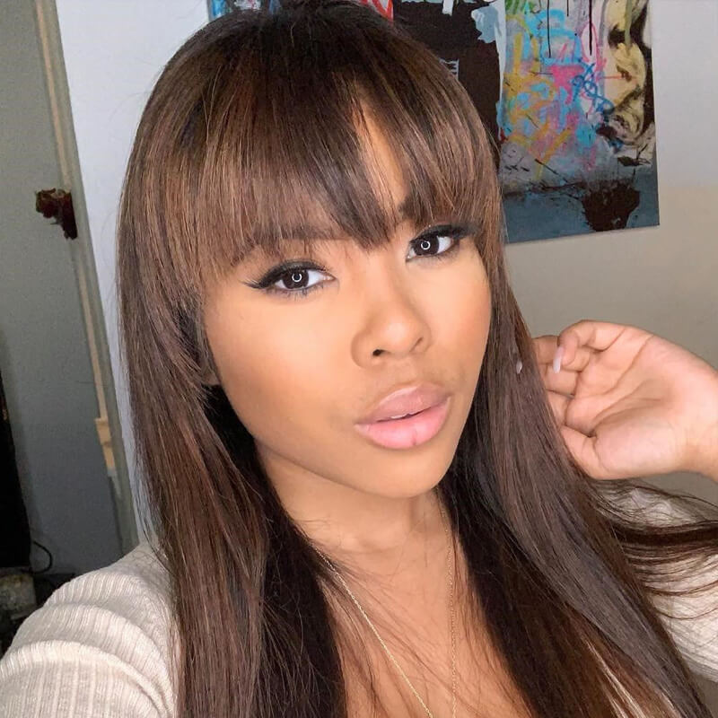 Straight Human Hair Bangs Chocolate Brown Lace Closure Wigs