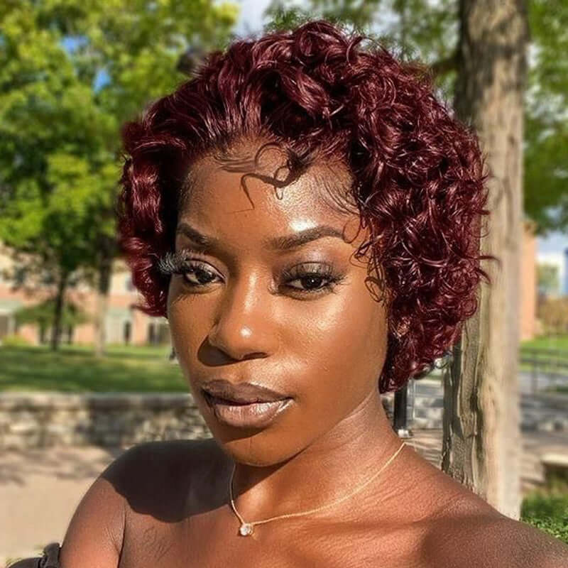 Burgundy Glueless Pixie Cut Bouncy Curly 13x4 Frontal Lace Wig Human Hair