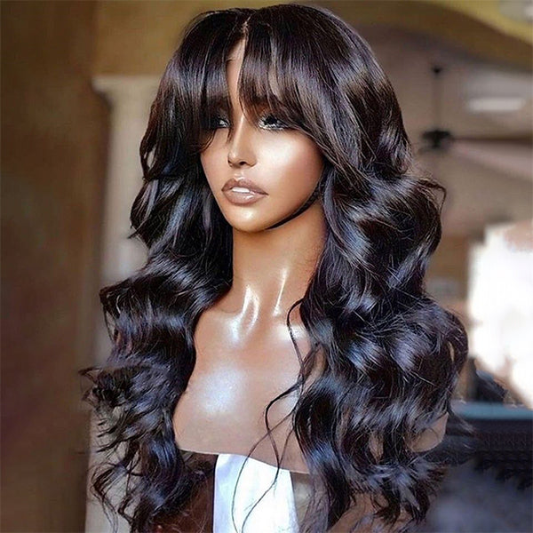 Gorgeous 4x4 Lace Glueless Body Wave Human Hair Wig With Bangs