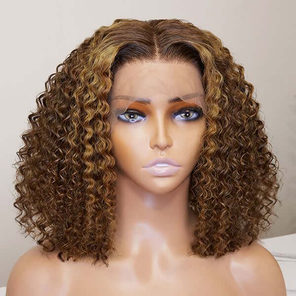 Mix Color Brown Curly Bob Wig 13x4 Frontal Lace Wig Human Hair