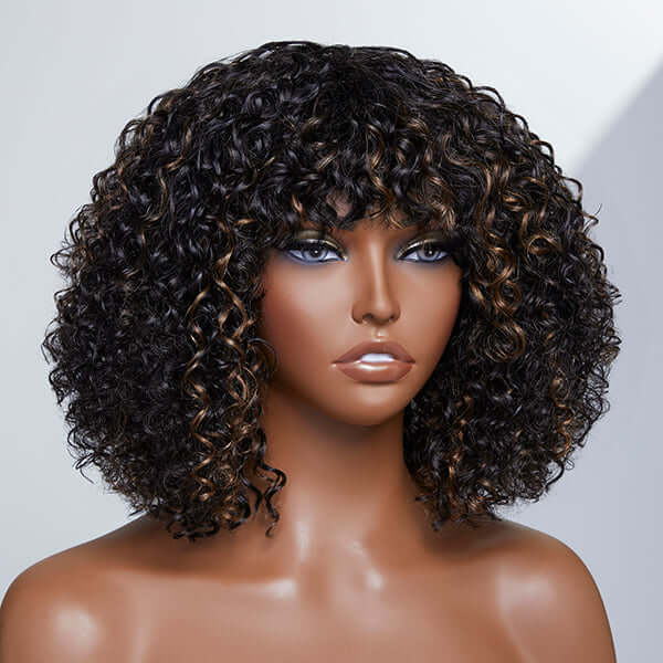 Highlights Deep Curly Wig With Bangs 13x4 Lace Front Wigs 180% Density Human Hair