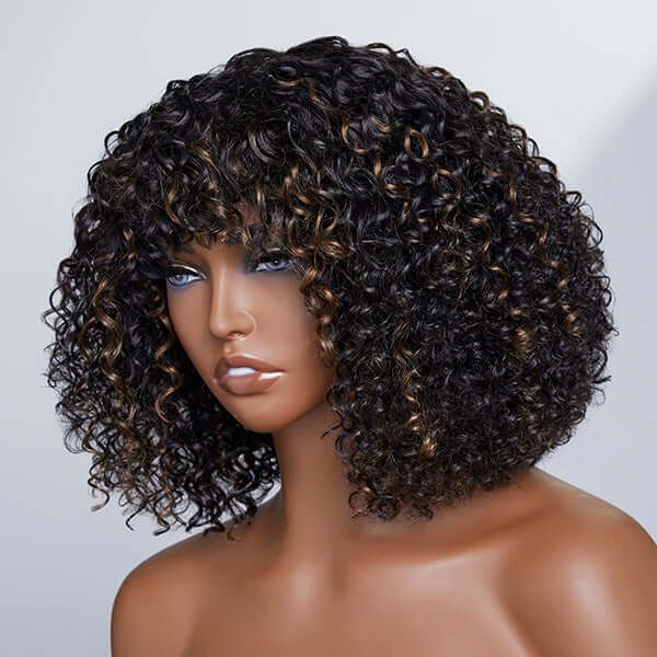Highlights Deep Curly Wig With Bangs 13x4 Lace Front Wigs 180% Density Human Hair
