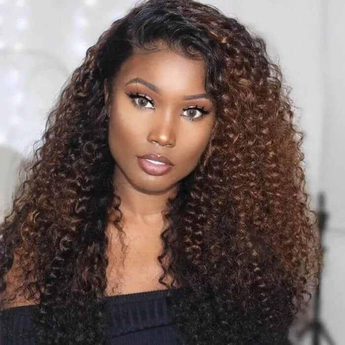 4X4 Lace Closure Human Hair Wig Dark Brown Jerry Curly Wig With Highlights