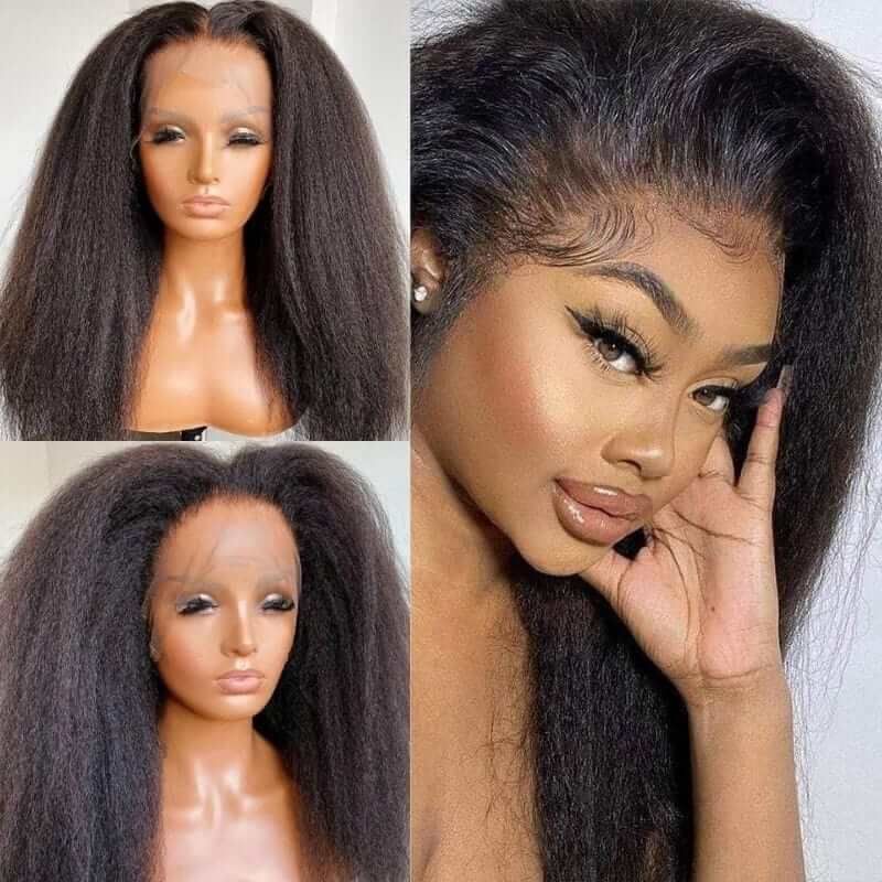 Kinky Straight Glueless Frontal Lace Wig Natural Density Human Hair