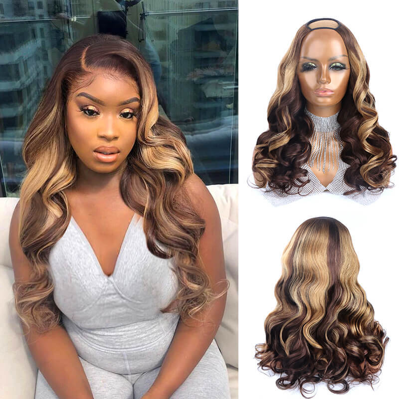 Affordable Wavy U-Part Wig 150% Density P4/27# Color Human Hair Wig