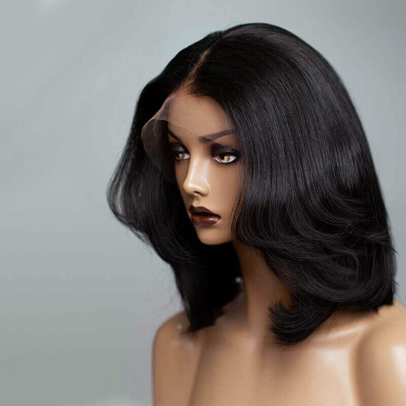 Mid Length Hair Layered Bob Human Hair Lace Front Wig 180% Density
