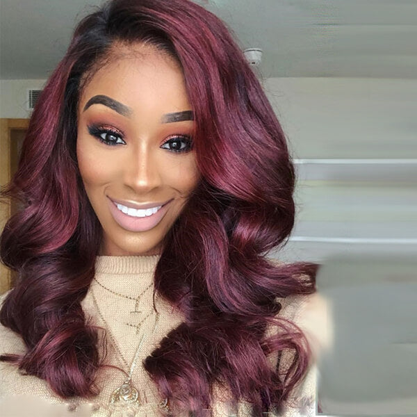 Long Wavy Red Violet Human Hair Lace Front Wigs