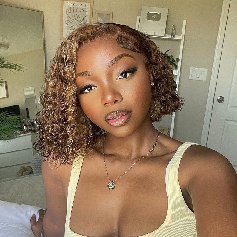 Bob Highlight Brown Kinky Curly Lace Wig Human Hair