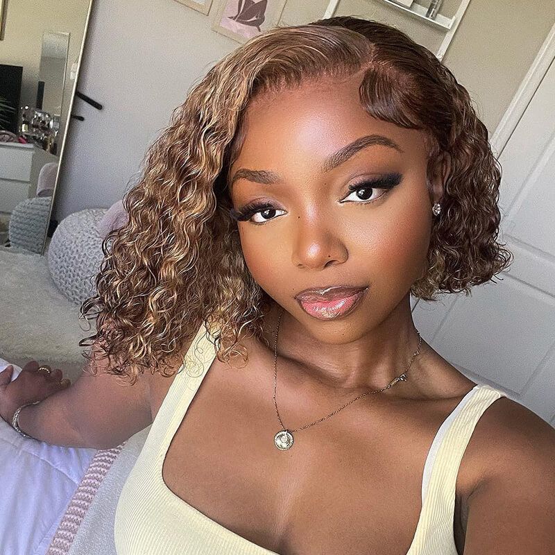 Bob Highlight Brown Kinky Curly Lace Wig Human Hair