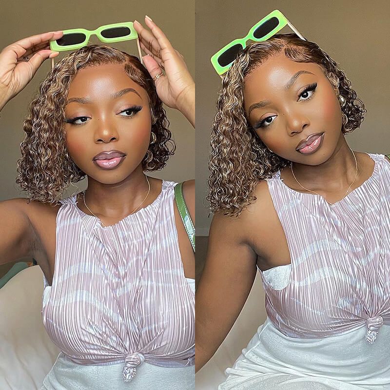 Bob Highlight Brown Kinky Curly Lace Wig Human Hair