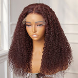 Dark Burgundy Kinky Curly 5x5 Closure Lace Glueless Mid Part Long Wig 100% Human Hair