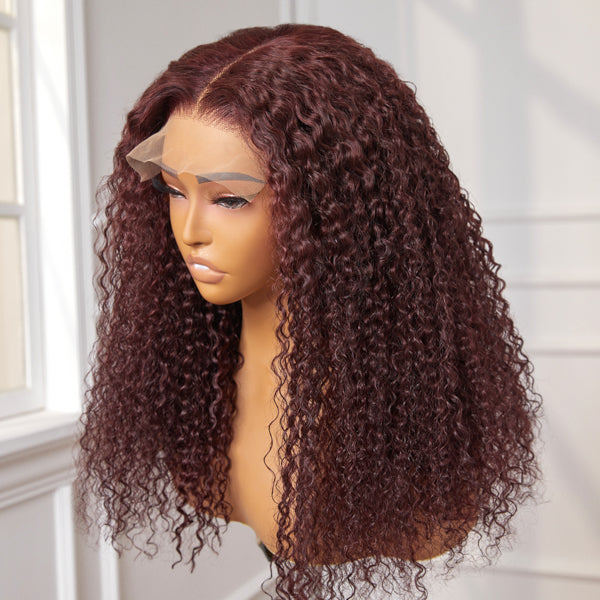 Dark Burgundy Kinky Curly 5x5 Closure Lace Glueless Mid Part Long Wig 100% Human Hair