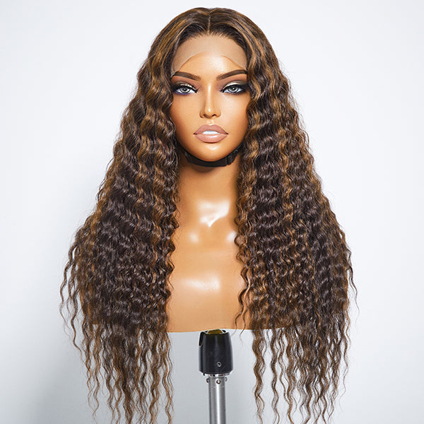 Boho-Chic | Chestnut Brown Highlights Bohemian Curly 5x5 Closure Lace Glueless Mid Part Long Curly Wig