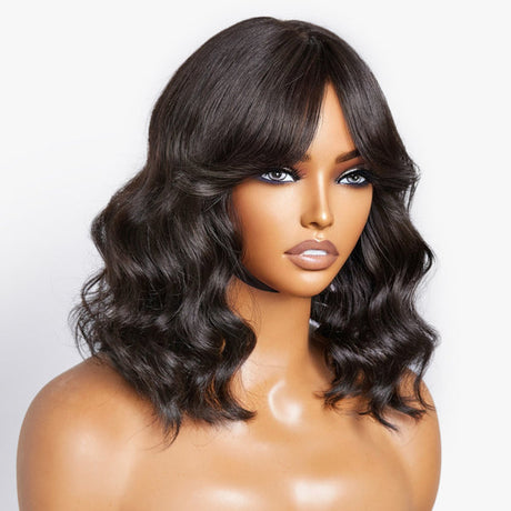 Mature Lady Short Loose Wave Minimalist Lace Wig With Bangs 100% Human Hair