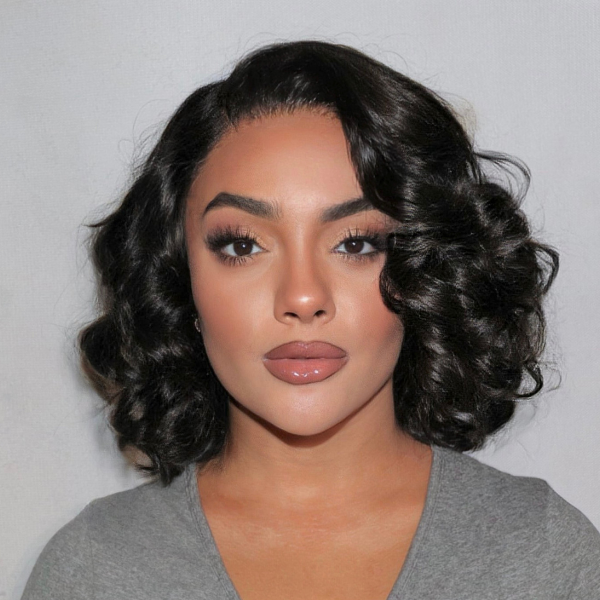 Natural Black Elegant Loose Wave 4x4 Closure Lace Glueless C Part Short Wig 100% Human Hair