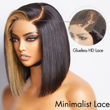 Blonde Highlight Silky Blunt Cut Bob C Part Glueless Minimalist Lace Wig