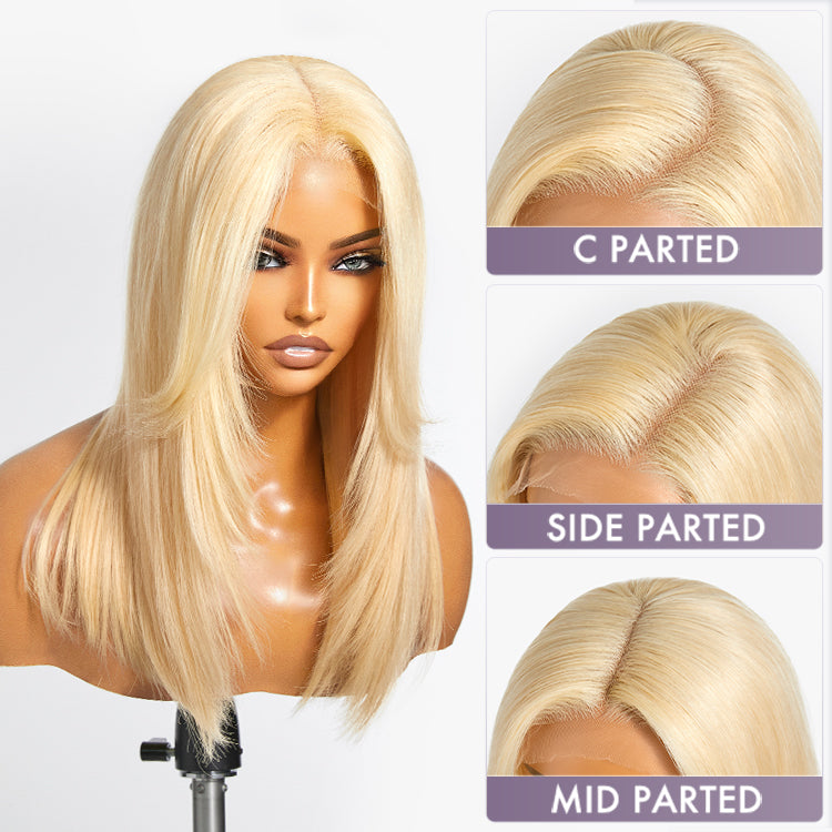 613 Blonde Curtain Bangs Layered Cut Glueless 5x5 Closure Undetectable HD Lace Wig