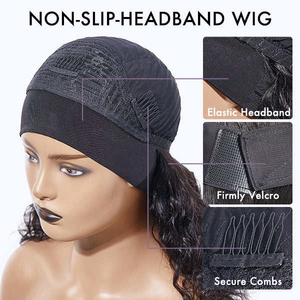 Throw On & Go Deep Wave No Lace Glueless Long Headband Wig 100% Human Hair (Get Free Trendy Headbands)