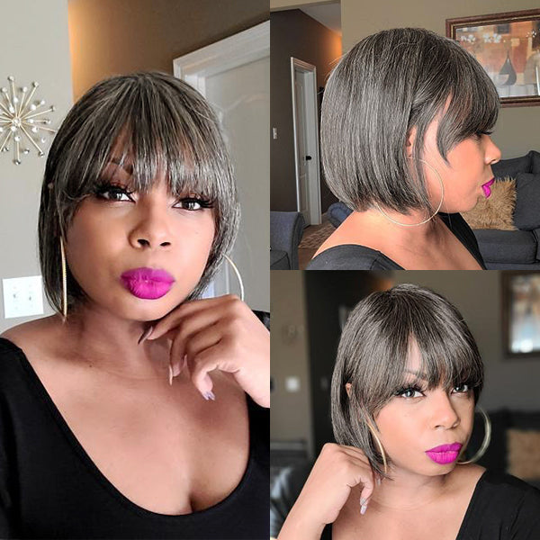 Salt & Pepper Beginner Friendly Glueless Bob Wig with Bangs 100% Human Hair