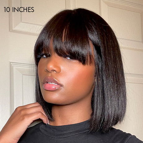 Put On and Go Realistic Glueless Yaki Straight Bob with Bangs Minimalist Lace Wig 100% Human Hair