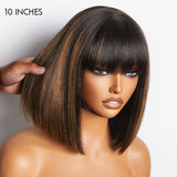 Put On and Go Realistic Glueless Yaki Straight Bob with Bangs Minimalist Lace Wig 100% Human Hair