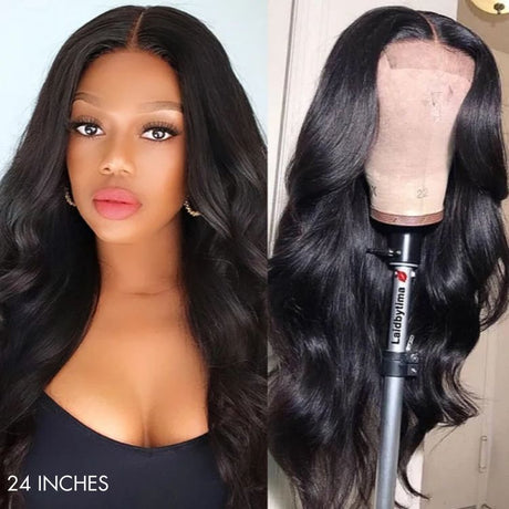 Natural Black Body Wave 4x4 Closure Lace Glueless Mid Part Long Wig 100% Human Hair